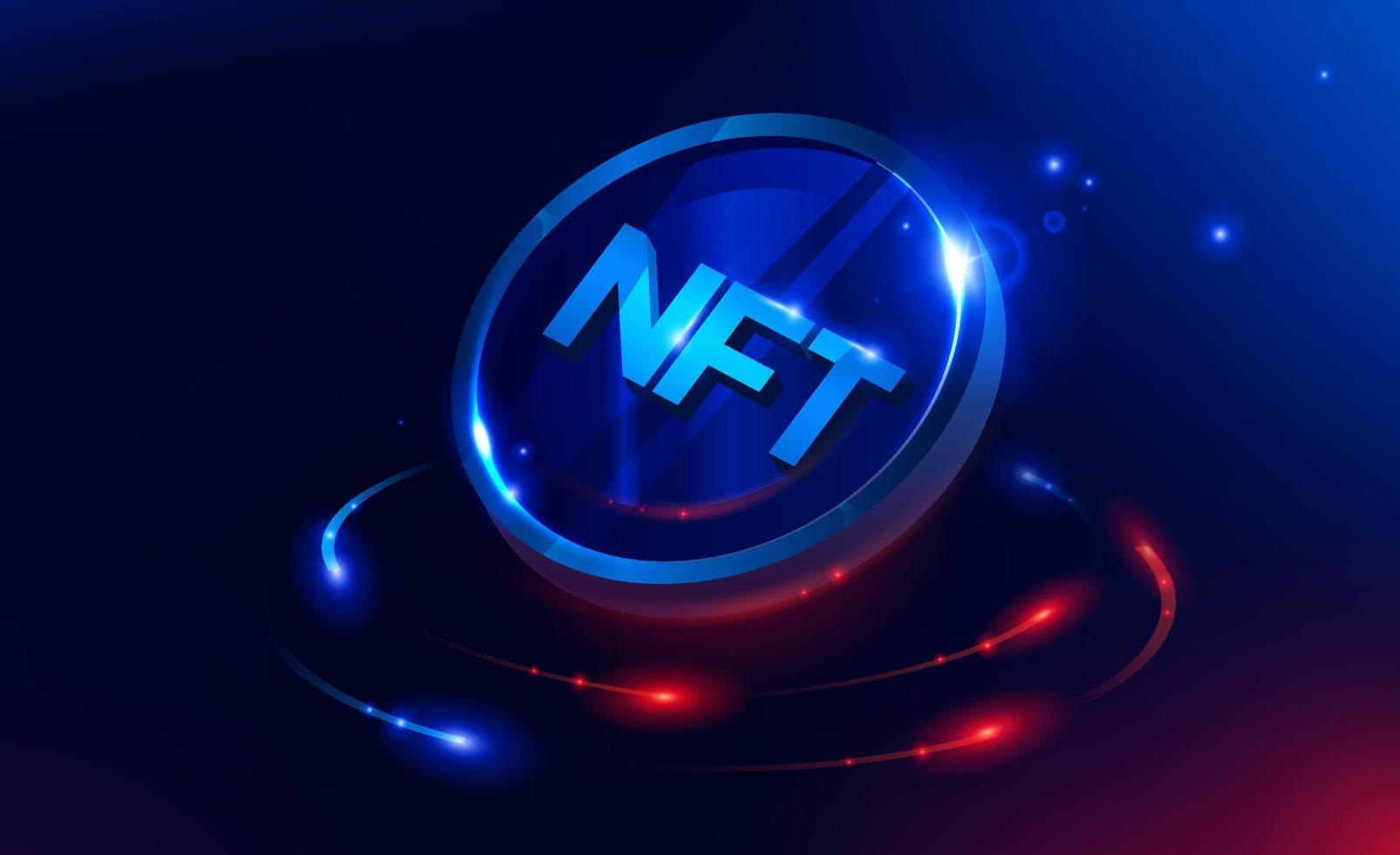 NFT nonfungible token illustration with red and blue glowing lights dark blue background. Vector cryptocurrency