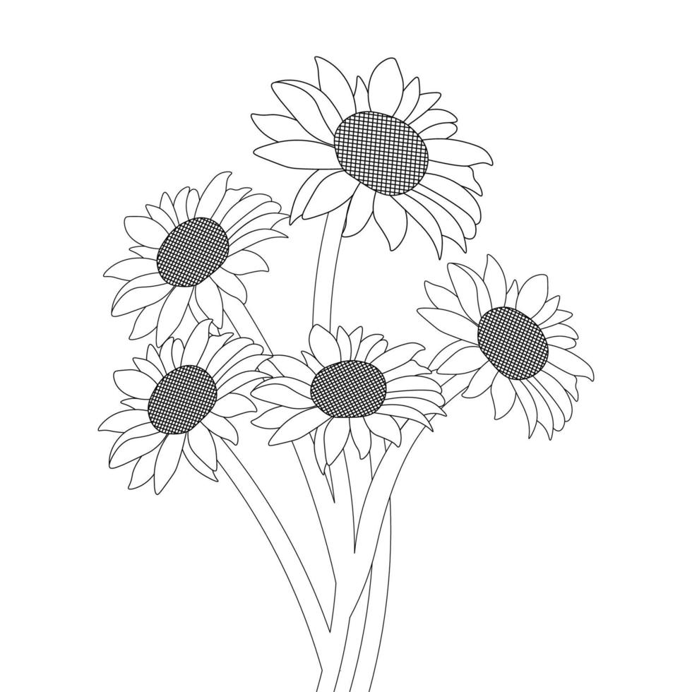 sunflowers hand drawing line art graphic element for  blooming coloring book page vector