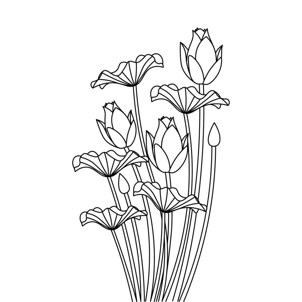 Water lilies blooming petal continuous line drawing coloring book page vector