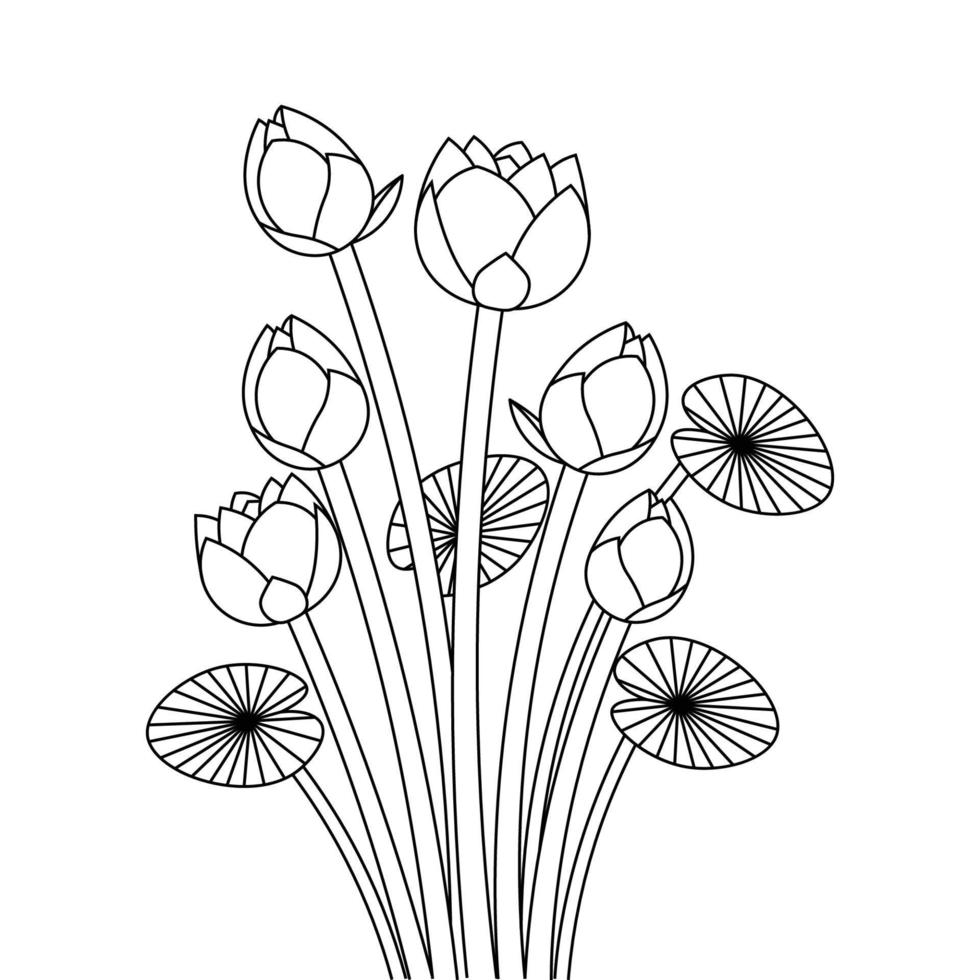 coloring book page on white background of water lily line art outline drawing vector