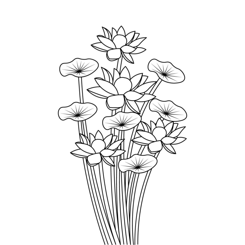 water lily line art outline drawing for coloring book page on white background vector