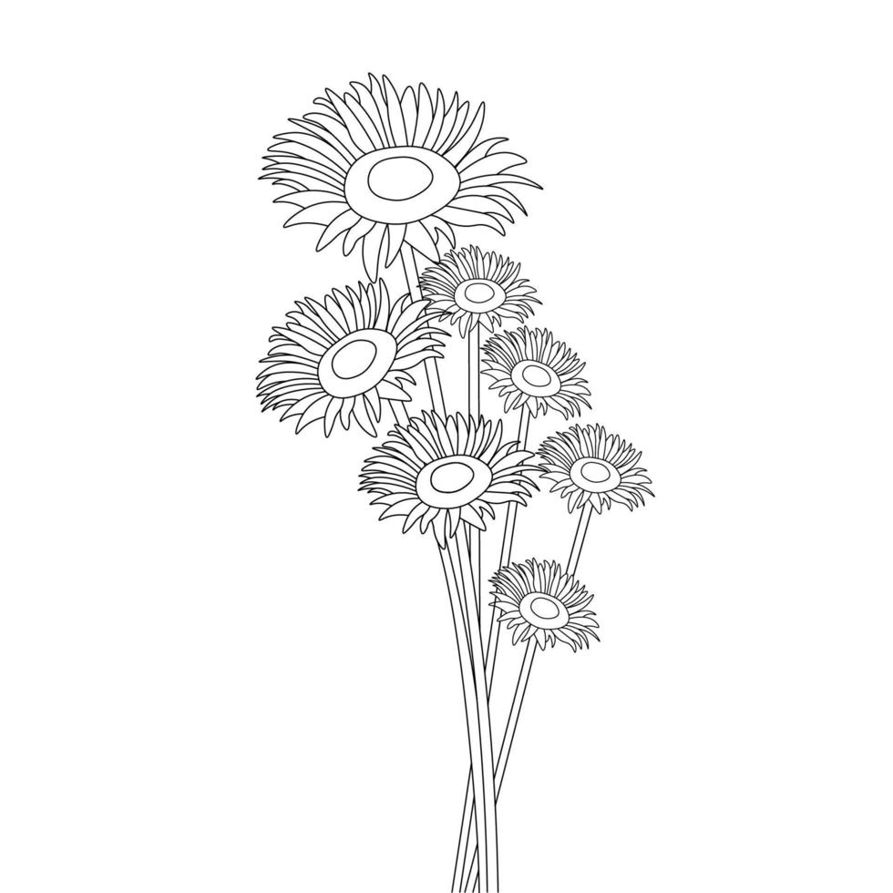 Los girasoles florecen el gráfico de ilustraciones de la página del libro para colorear sobre fondo monocromo en blanco y negro vector