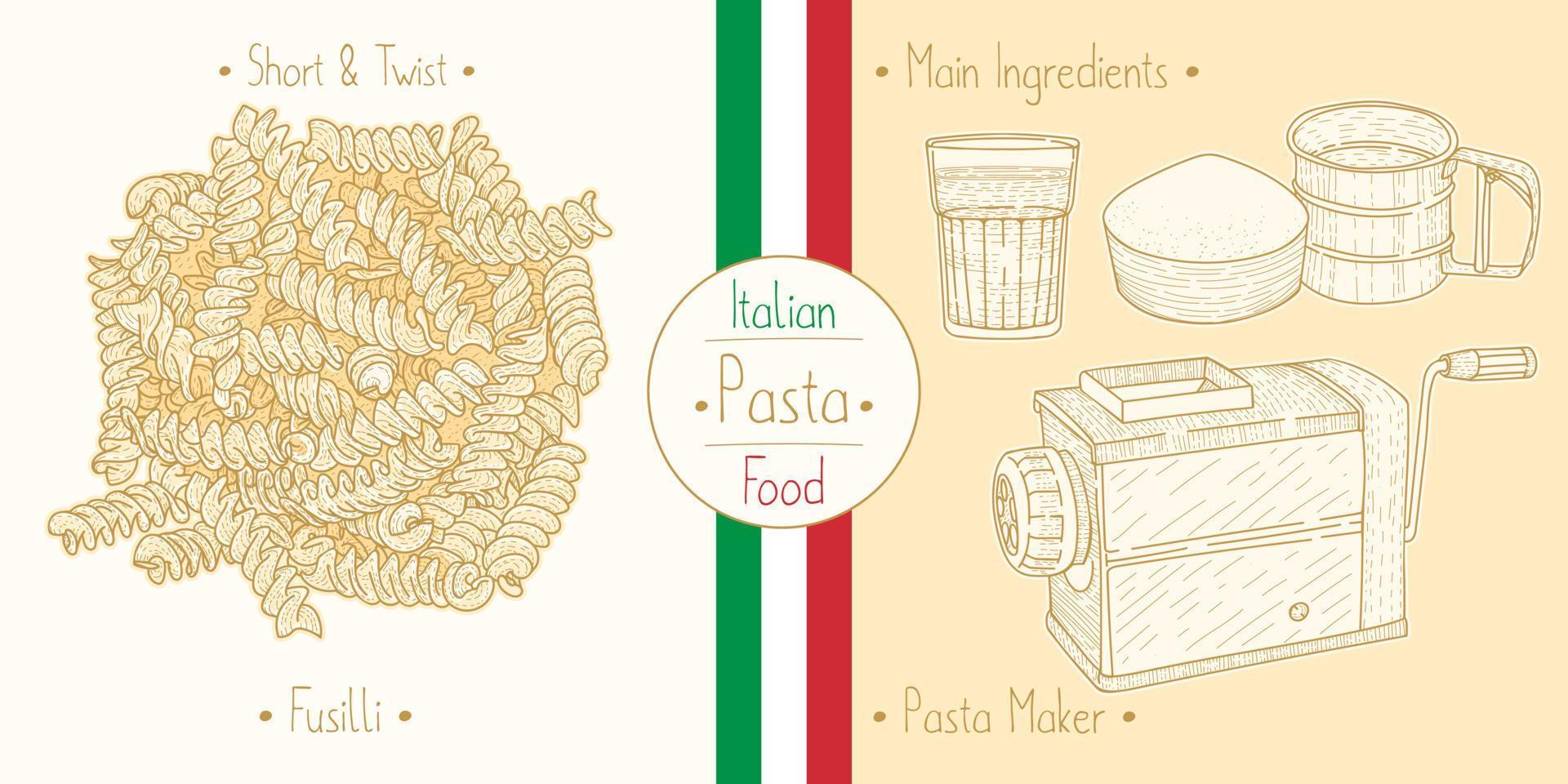 Cooking italian food shaped Pasta Fusilli and main ingredients and pasta makers equipment, sketching illustration in vintage style vector