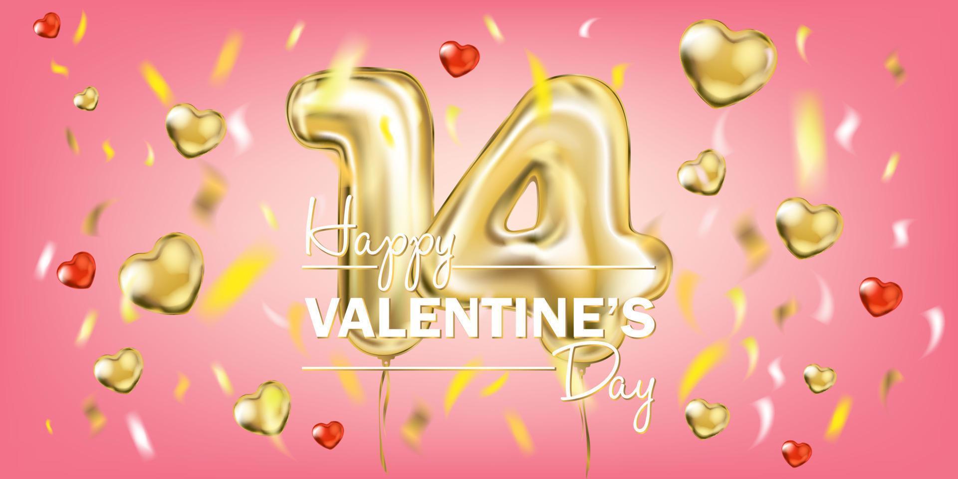 Golden 14 and red and gold hearts with confetti on a pink background vector