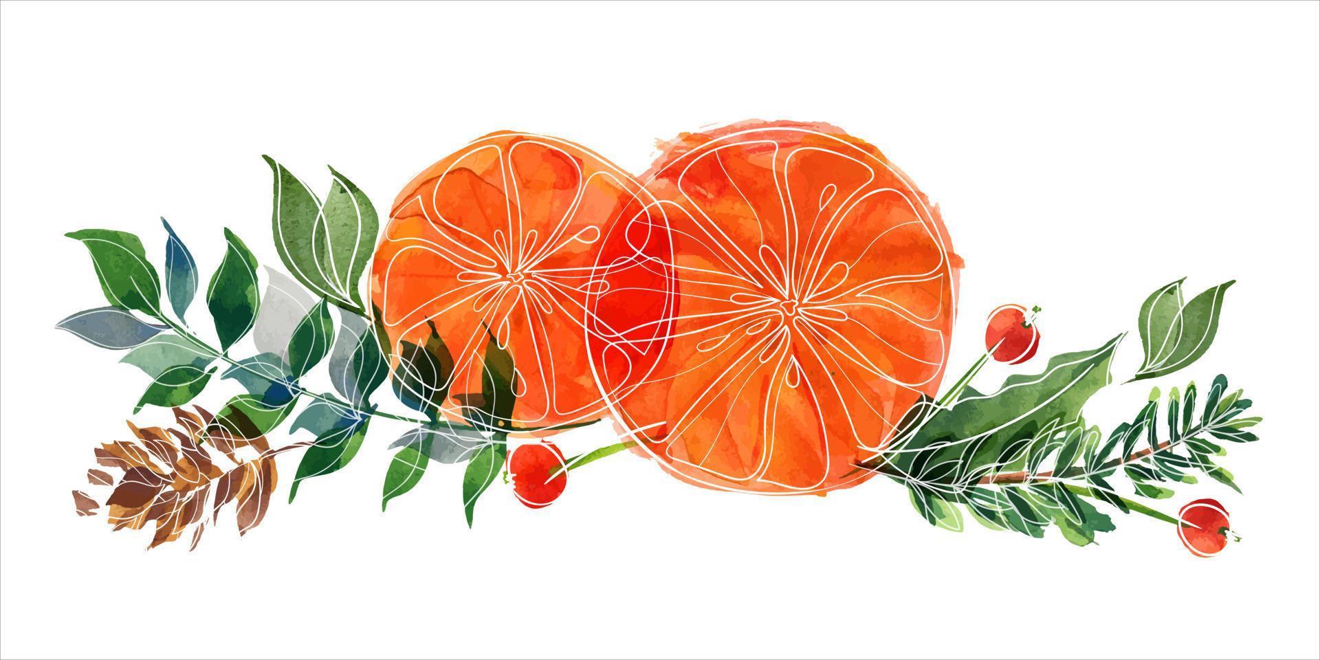 ramo navideño con naranjas y ramas de acebo. viñeta de decoración para lindos saludos e invitaciones de navidad y año nuevo vector