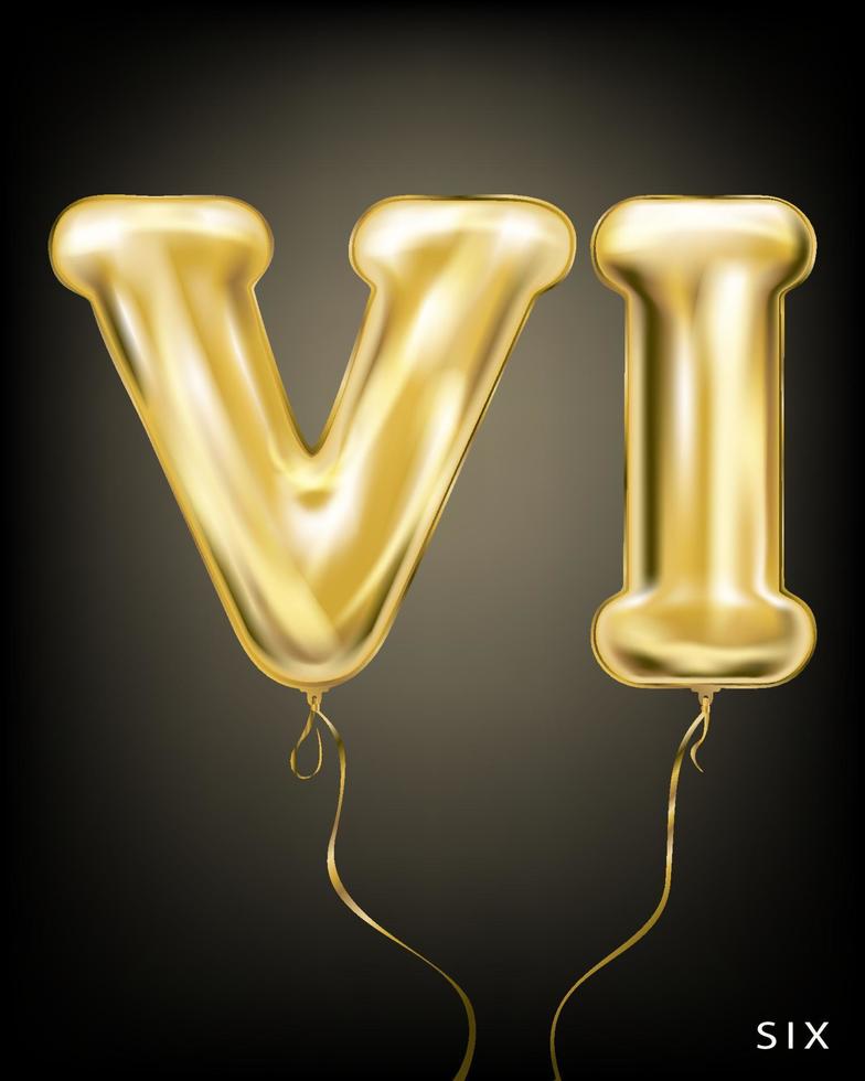 Roman 6 number, gold foil balloon VI form on the black background vector