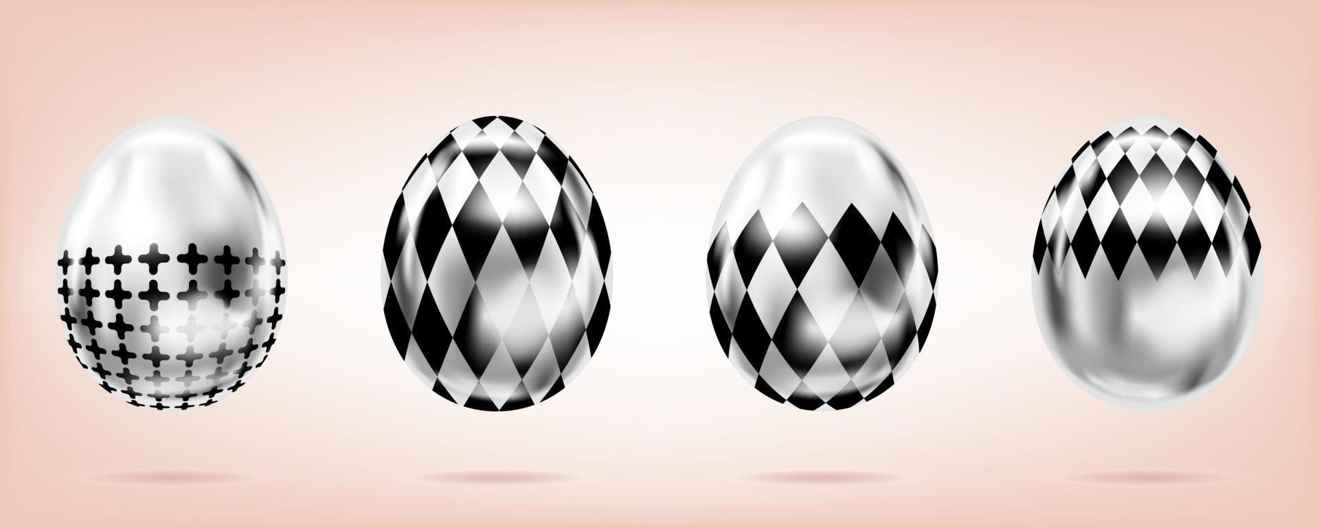 cuatro huevos de plata sobre fondo rosa. objetos aislados para la decoración de Pascua. cruz y domino rum adornado vector