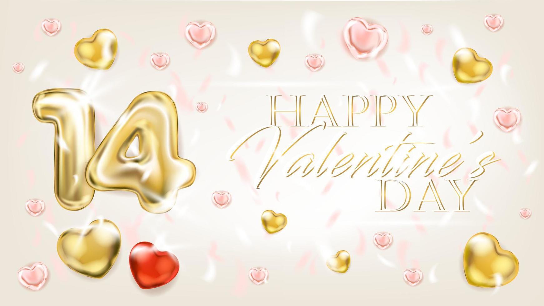 Golden 14 and hearts and confetti on the ligh background vector