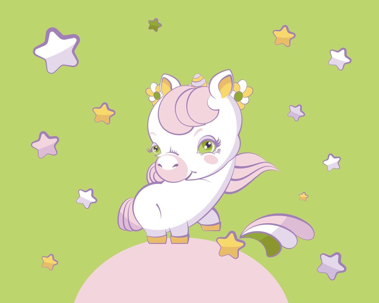 Cute little unicorn with pink hair hooves a shooting star. vector