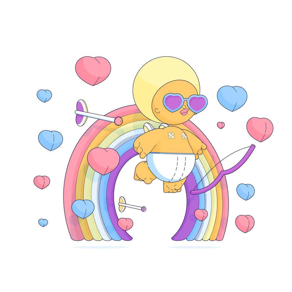 cupido con cristal en forma de corazón y arco iris para la tarjeta del día de san valentín vector