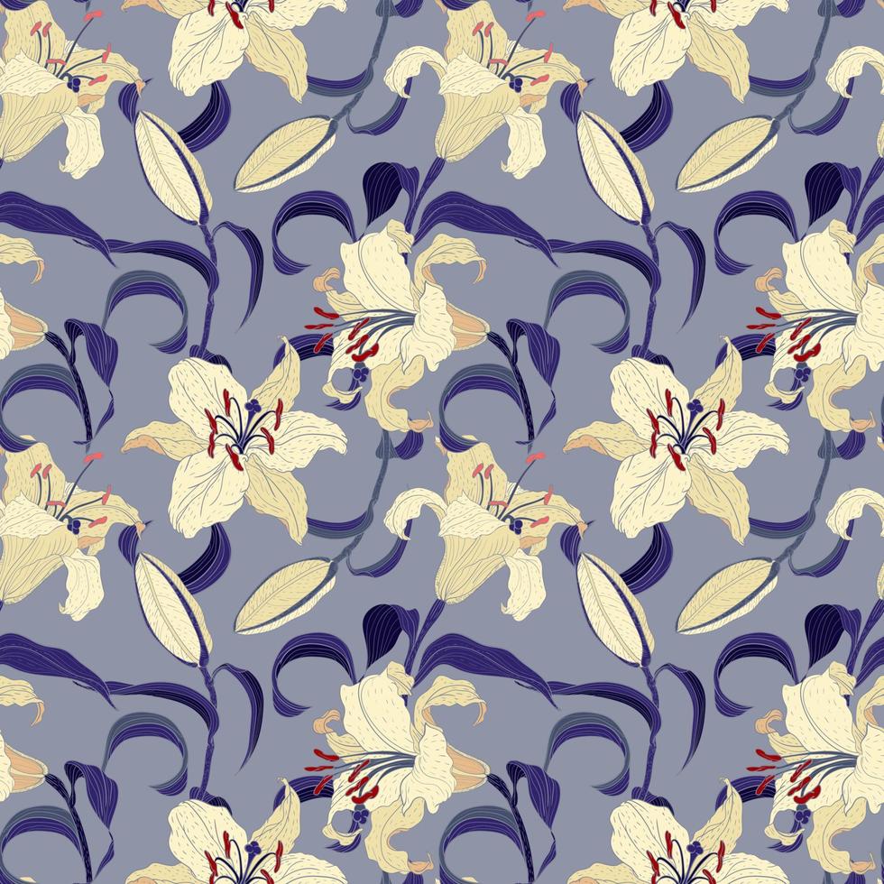 Oriental Lilies floral seamless pattern on a light violet background vector