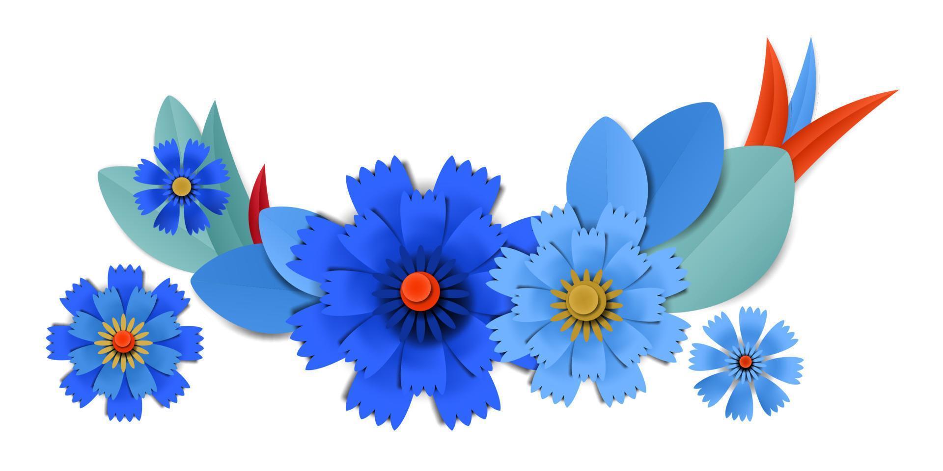 Vector cut paper blue cornflowers in vignette