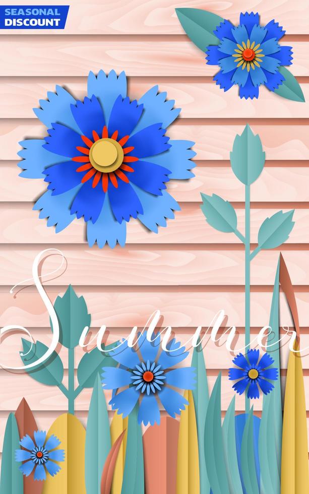 Vector Summer discount poster by cut paper cornflowers