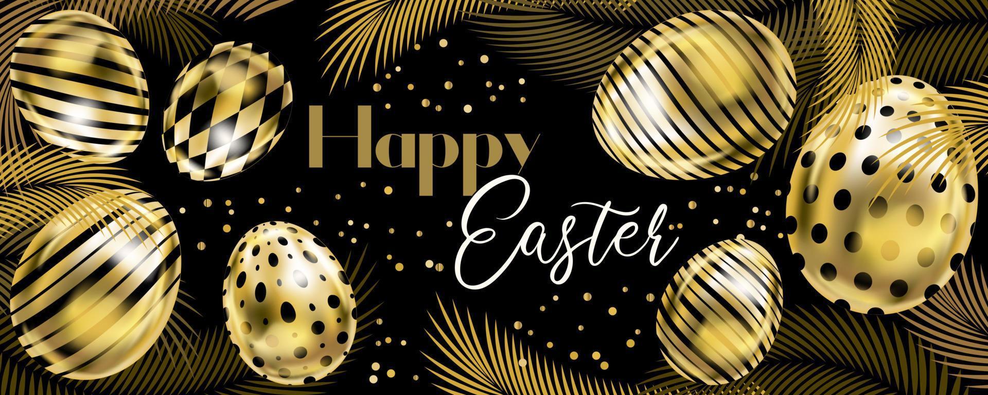 Happy Easter banner with golden eggs and palm branches on the black vector