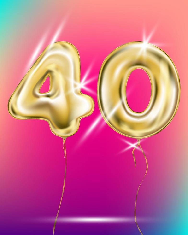 Gold foil balloon forty 40 number on disco rainbow gradient background vector