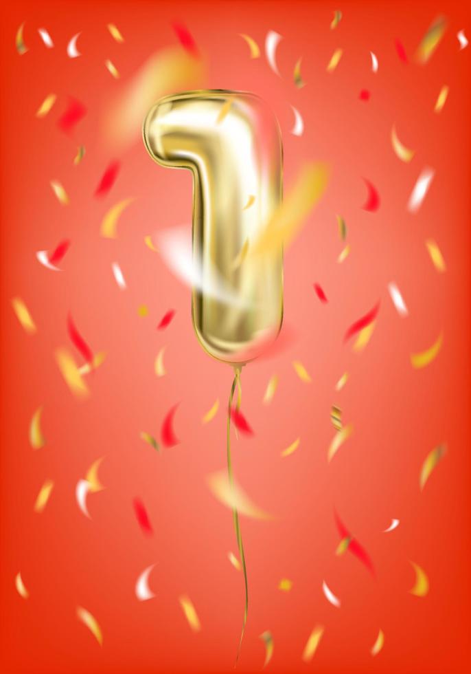 Festive gold balloon one 1 digit and foil confetti on gala red background vector