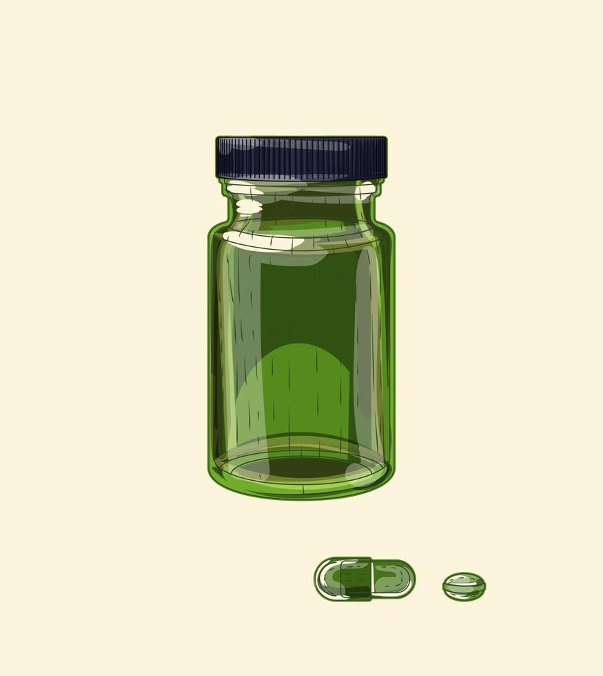 frasco ancho de vidrio verde medicinal y píldoras, boceto dibujado a mano vector