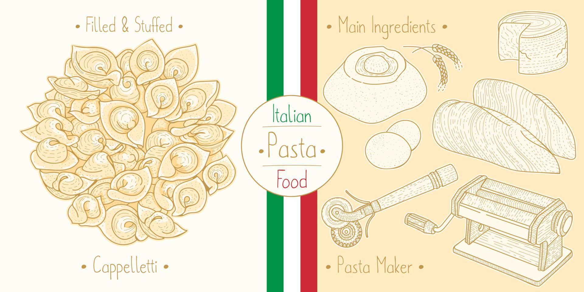 cocinar comida italiana pasta de cabello de ángel capellini e ingredientes principales y equipos para hacer pasta, dibujar ilustraciones en estilo antiguo vector