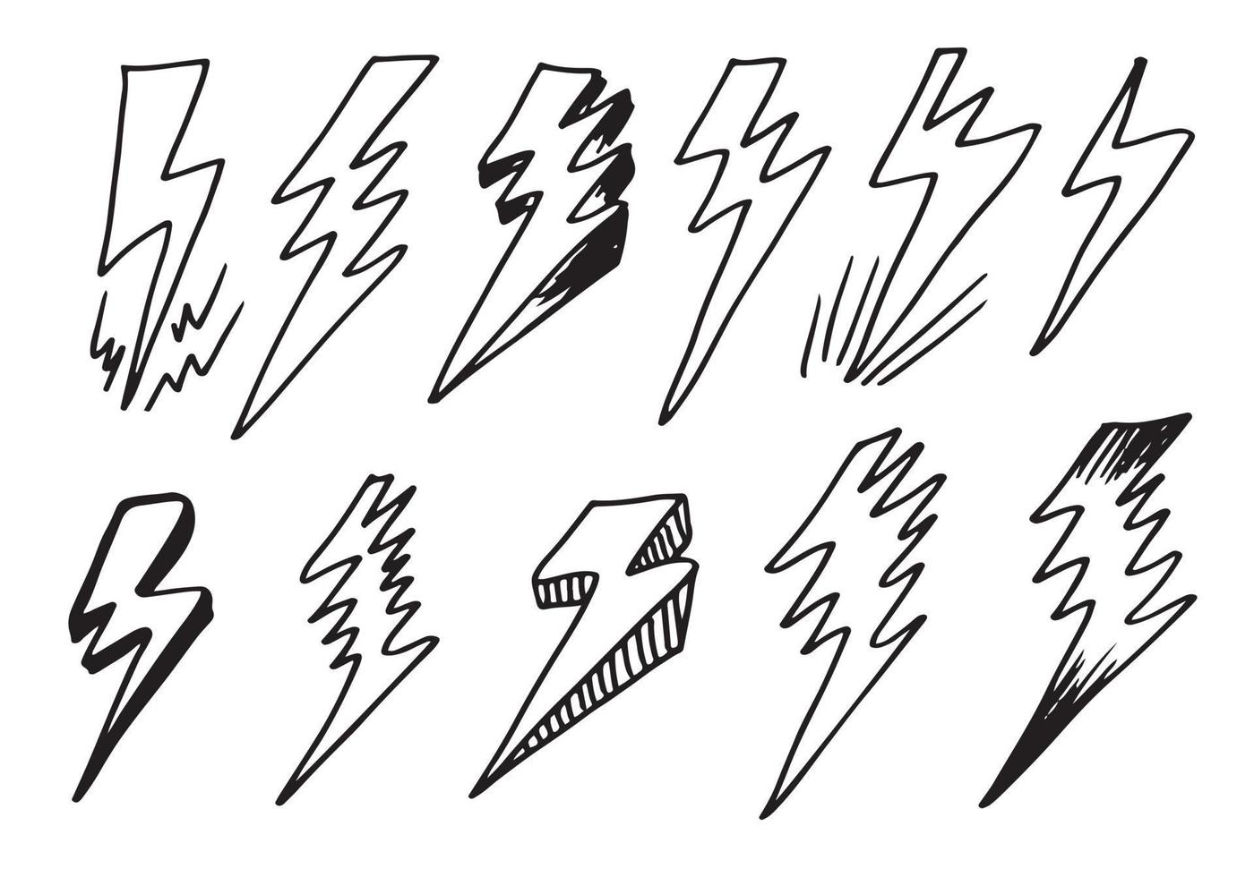 set of hand drawn vector doodle electric lightning bolt symbol sketch illustrations. thunder symbol doodle icon .