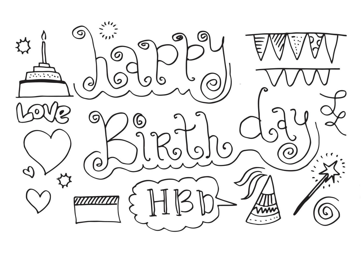 set of hand drawn doodle cartoon objects and symbols on the birthday party. vector