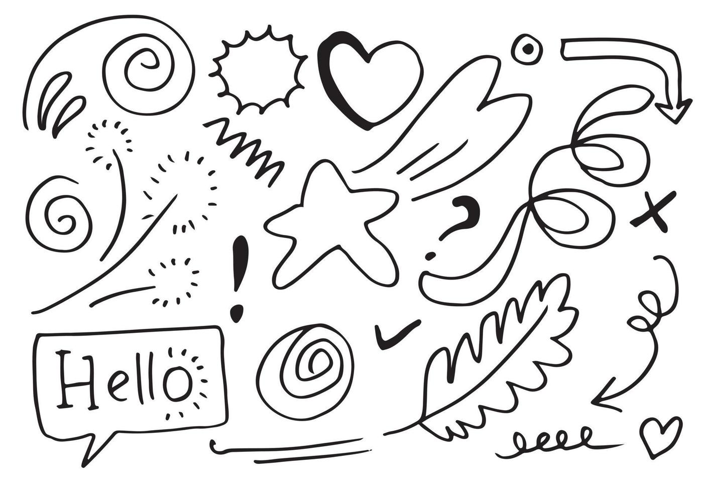 leaves, hearts, abstract, ribbons, arrows and other elements in hand drawn styles for concept designs. Doodle illustration. Vector template for decoration