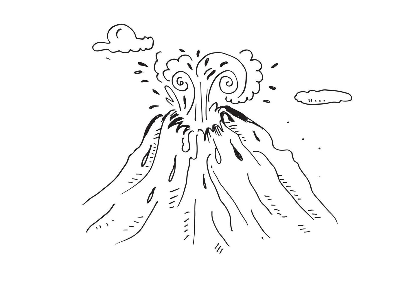 Volcano, lava, eruption, mountain hand drawn.vector image, black ink, isolated on white background, graphic illustration. vector