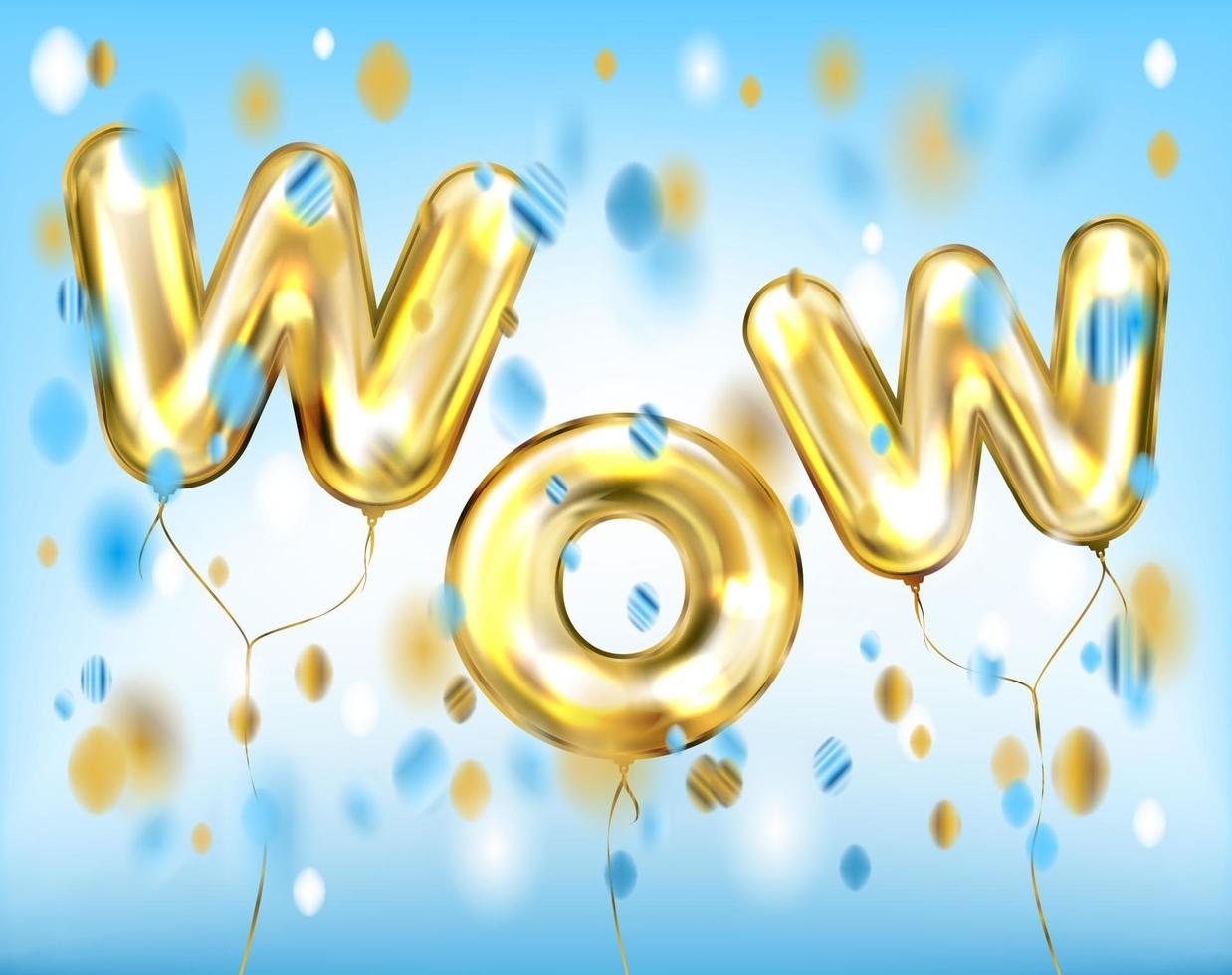 Wow lettering by foil golden balloons in sky confetti vector