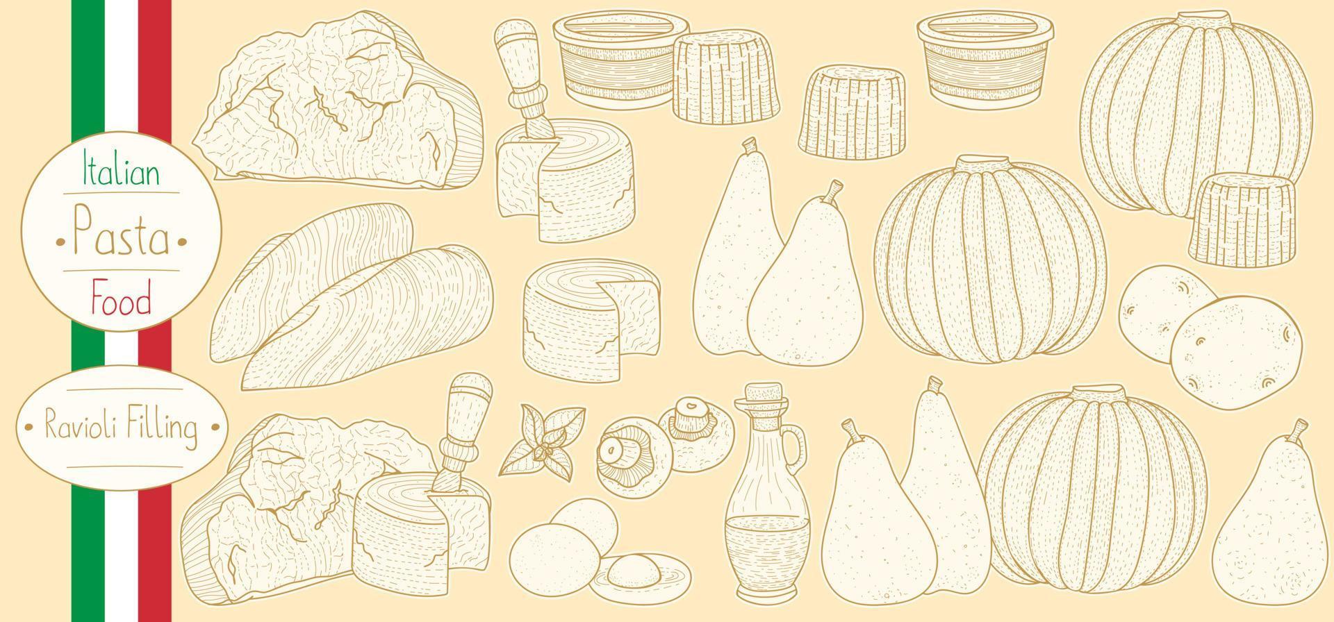 ingredientes principales para el relleno de pasta rellena para cocinar ravioles de comida italiana, dibujar ilustraciones en estilo antiguo vector