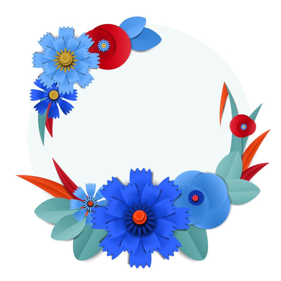 Vector cut paper blue cornflowers in wreath