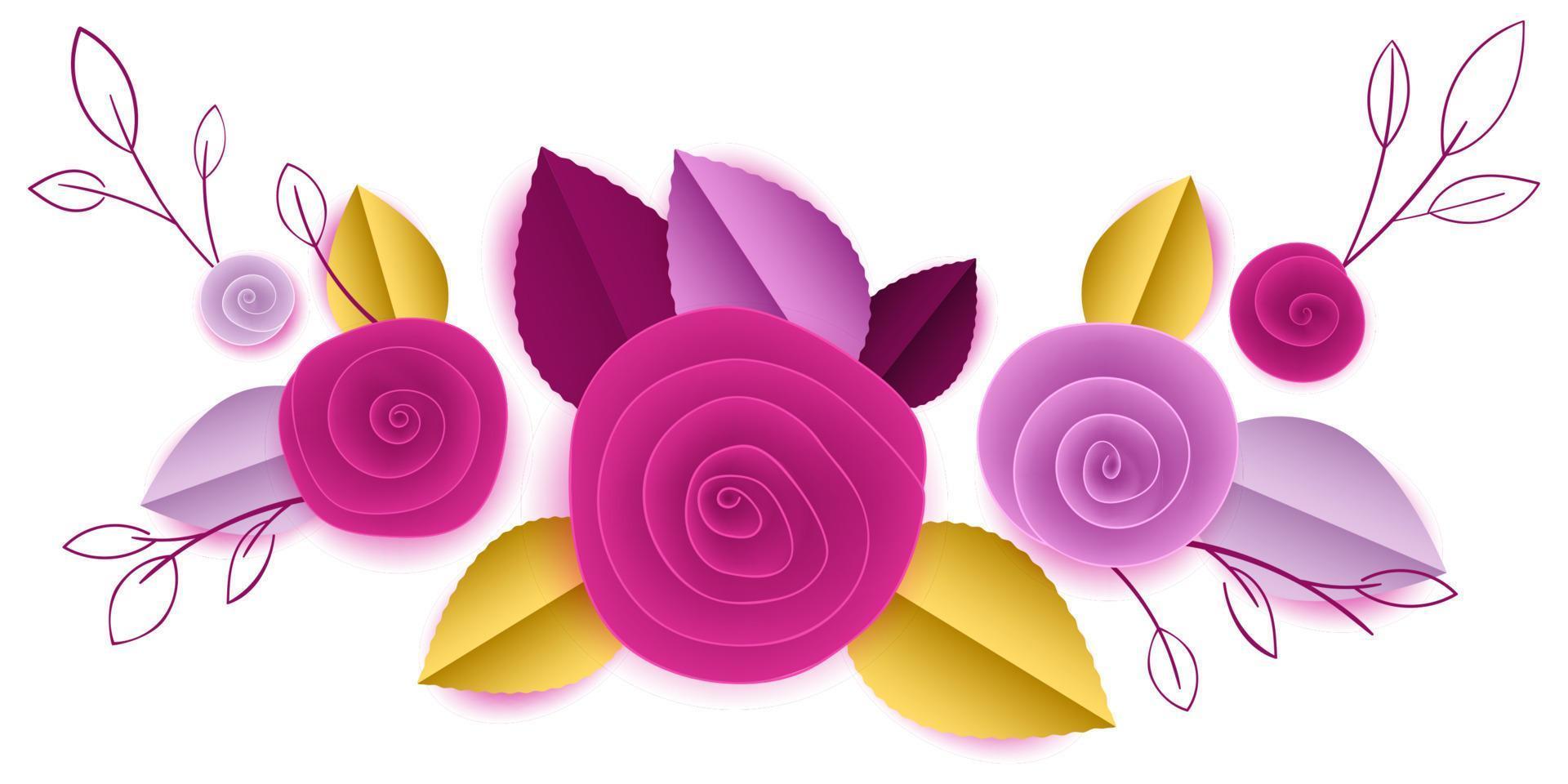 vector cut paper rose flowers in vignette