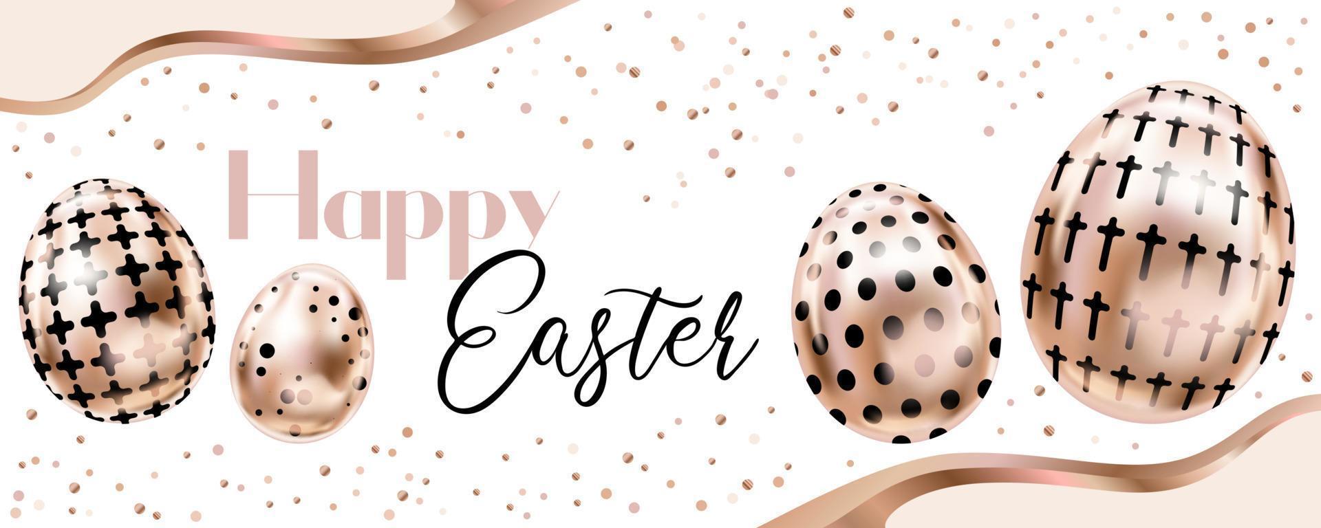 Happy Easter banner with pink golden eggs vector