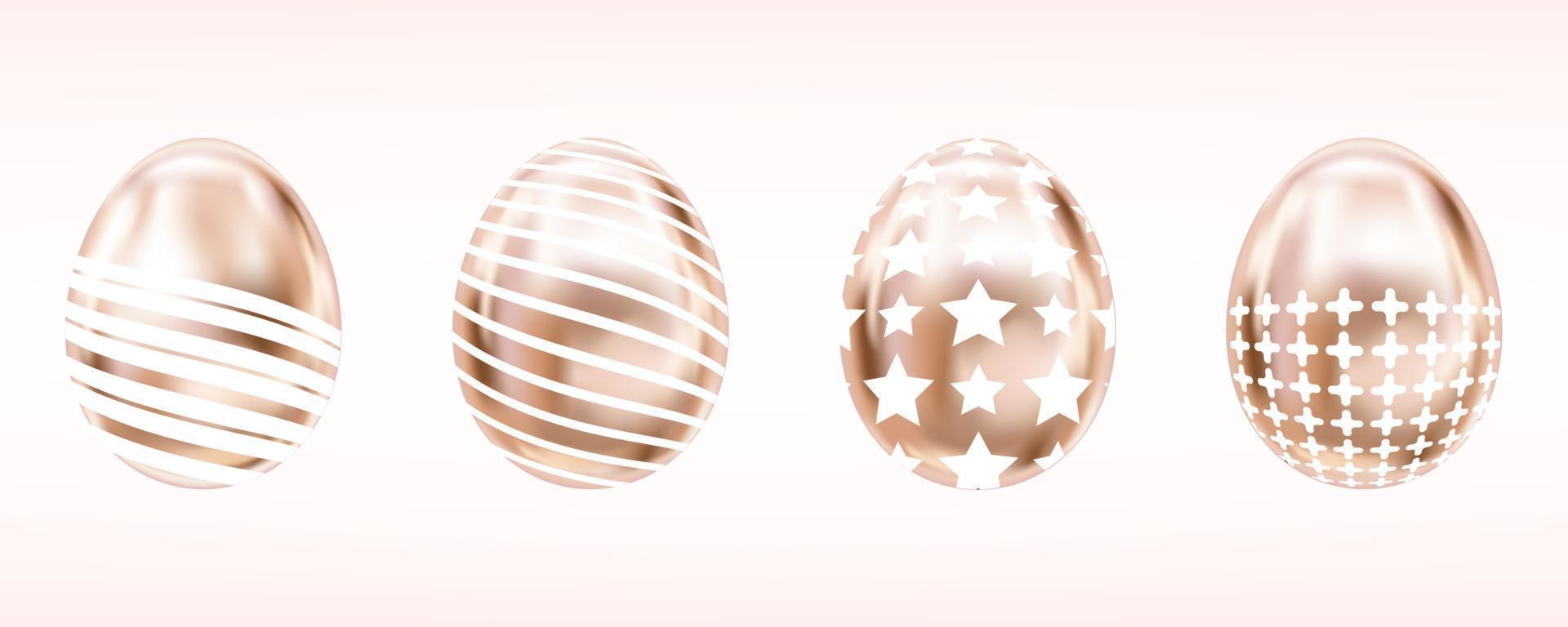 Four glance metallic eggs in pink color with white star, cross and stripes. Isolated objects for Easter decoration vector