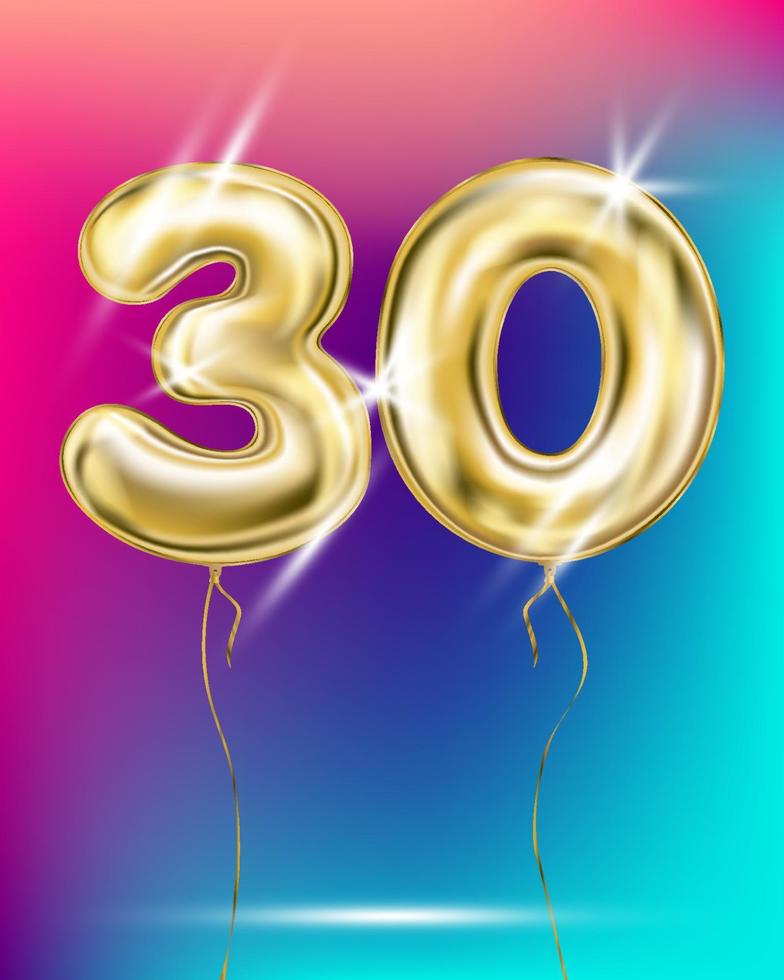 Gold foil balloon thirty 30 number on disco rainbow gradient background vector