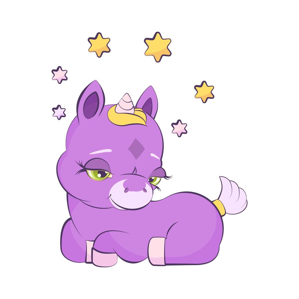 lindo unicornio lavanda en una corona de estrellas vector