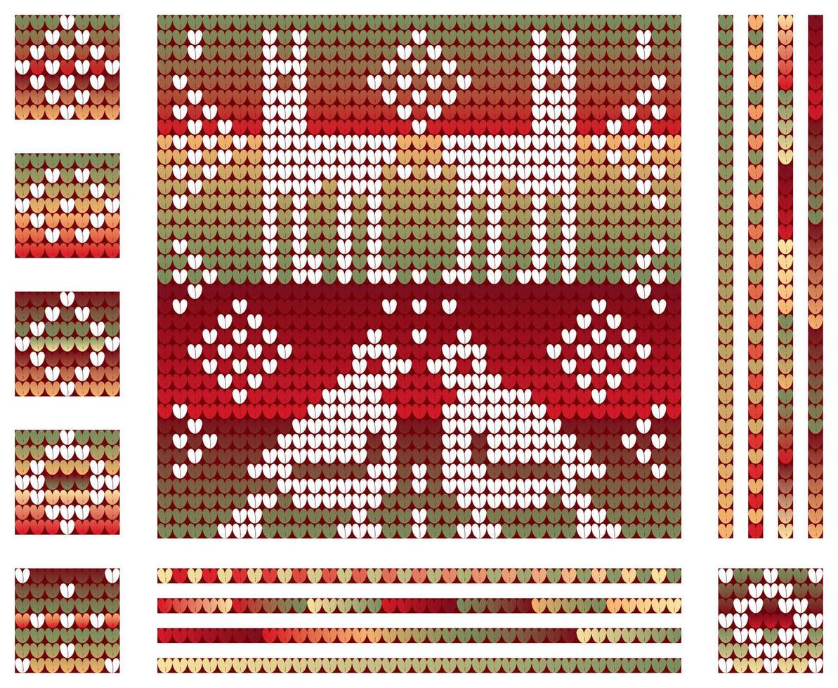 Red Green Gradient Colors Pattern elements of Christmas Knitting with dogs and birds vector