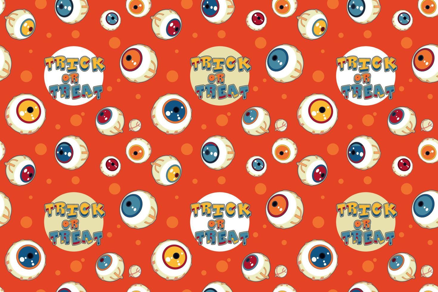 Trendy Pop Art seamless pattern of Halloween. Cartoon monsters eyes and Trick or Treat lettering on an orange background, vector