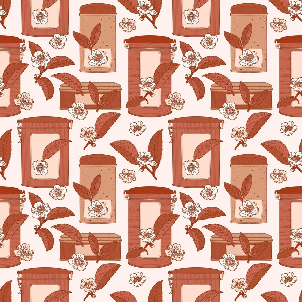 Tea brown seamless pattern with boxes, leaves and flowers vector