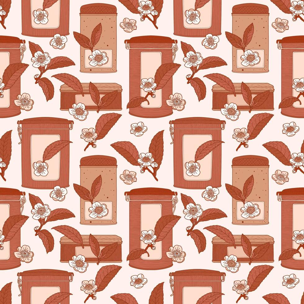 Tea brown seamless pattern with boxes, leaves and flowers vector