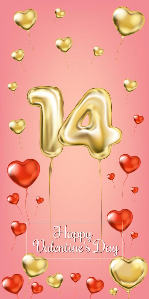 feliz día de san valentín pancarta rosa, 14 y corazón con globos dorados vector