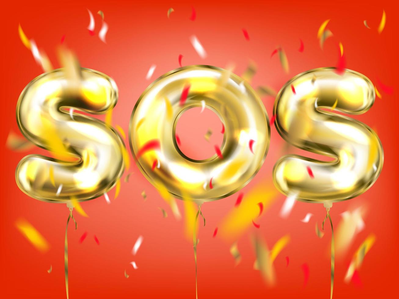 SOS signal poster by golden foil balloons in red air and confetti vector