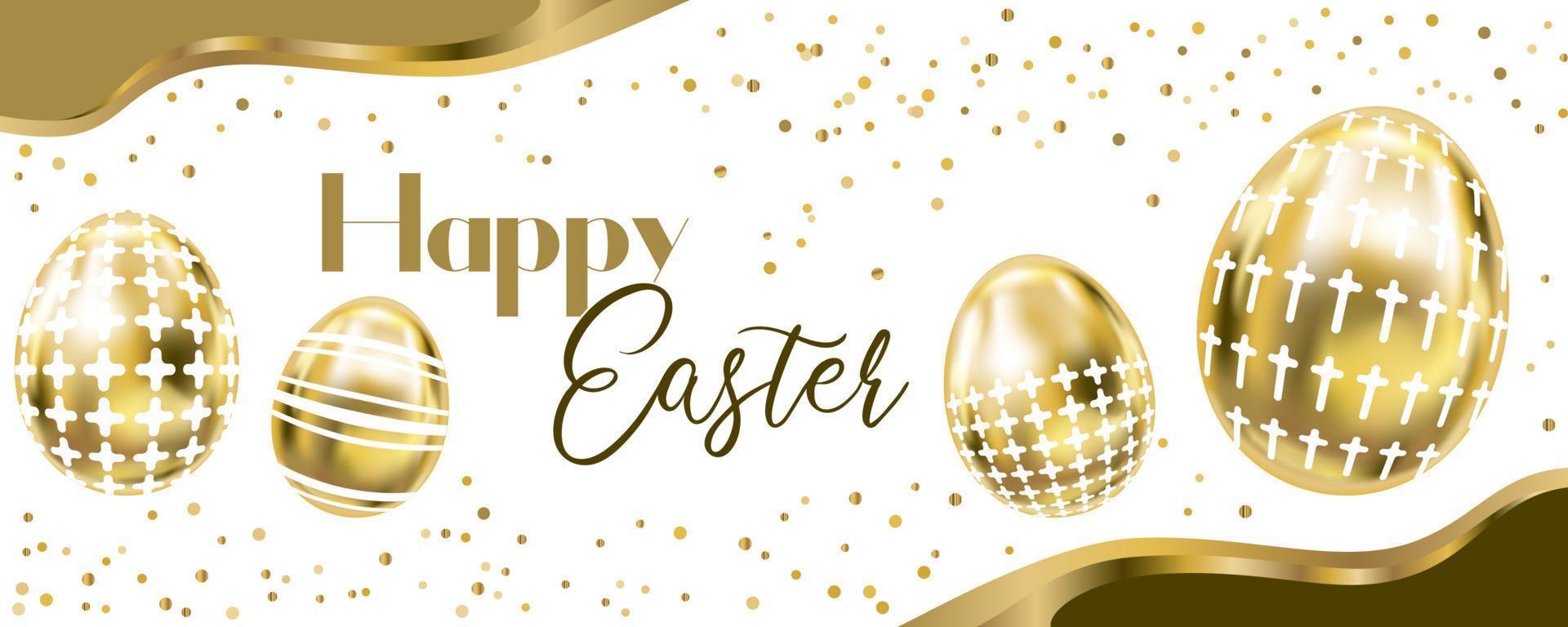 Happy Easter banner with golden eggs and confetti vector