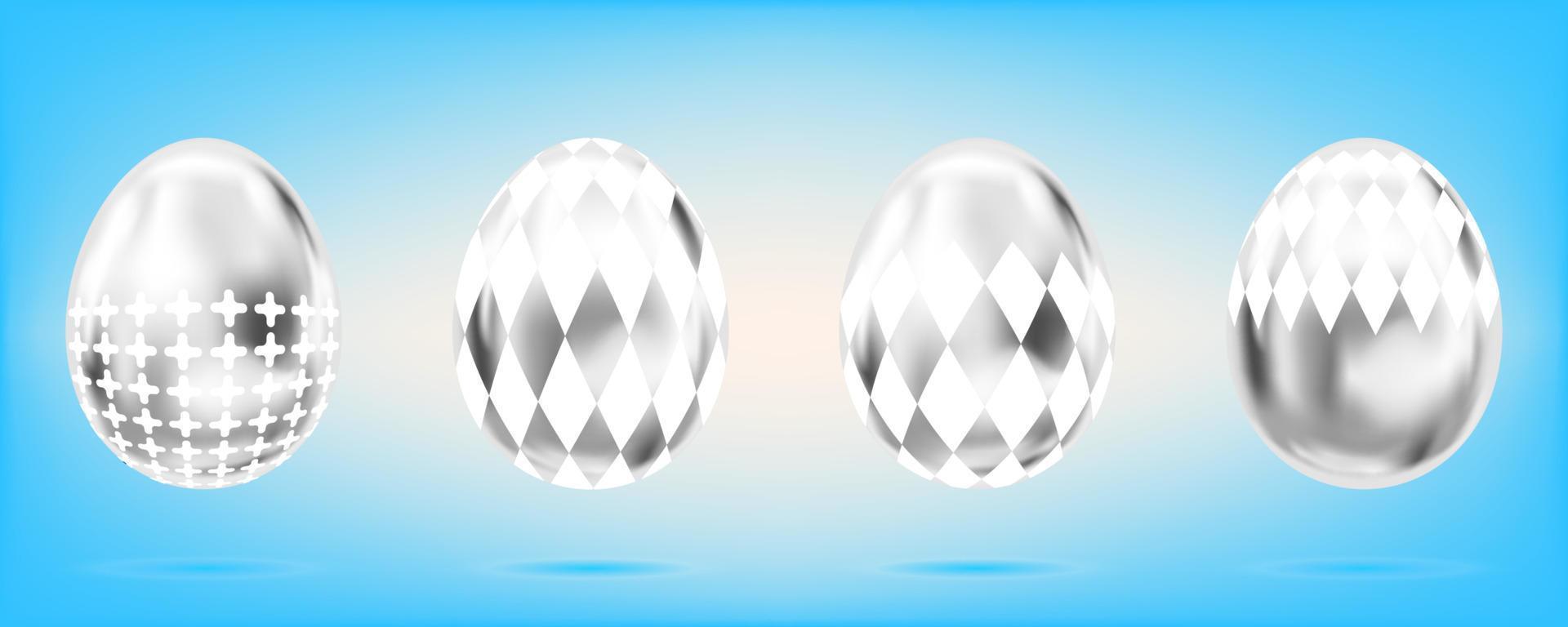 cuatro huevos de plata sobre el fondo azul cielo. objetos aislados para la decoración de Pascua. cruz y domino rum adornado vector
