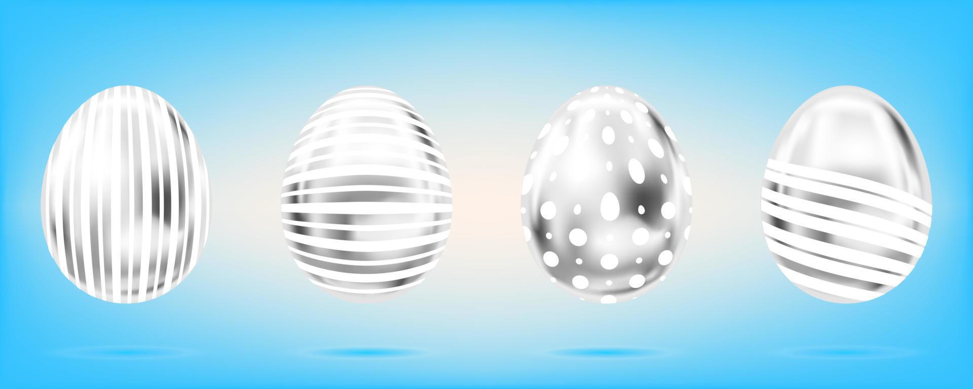 cuatro huevos de plata sobre el fondo azul cielo. objetos aislados para la decoración de Pascua. puntos y rayas adornados vector