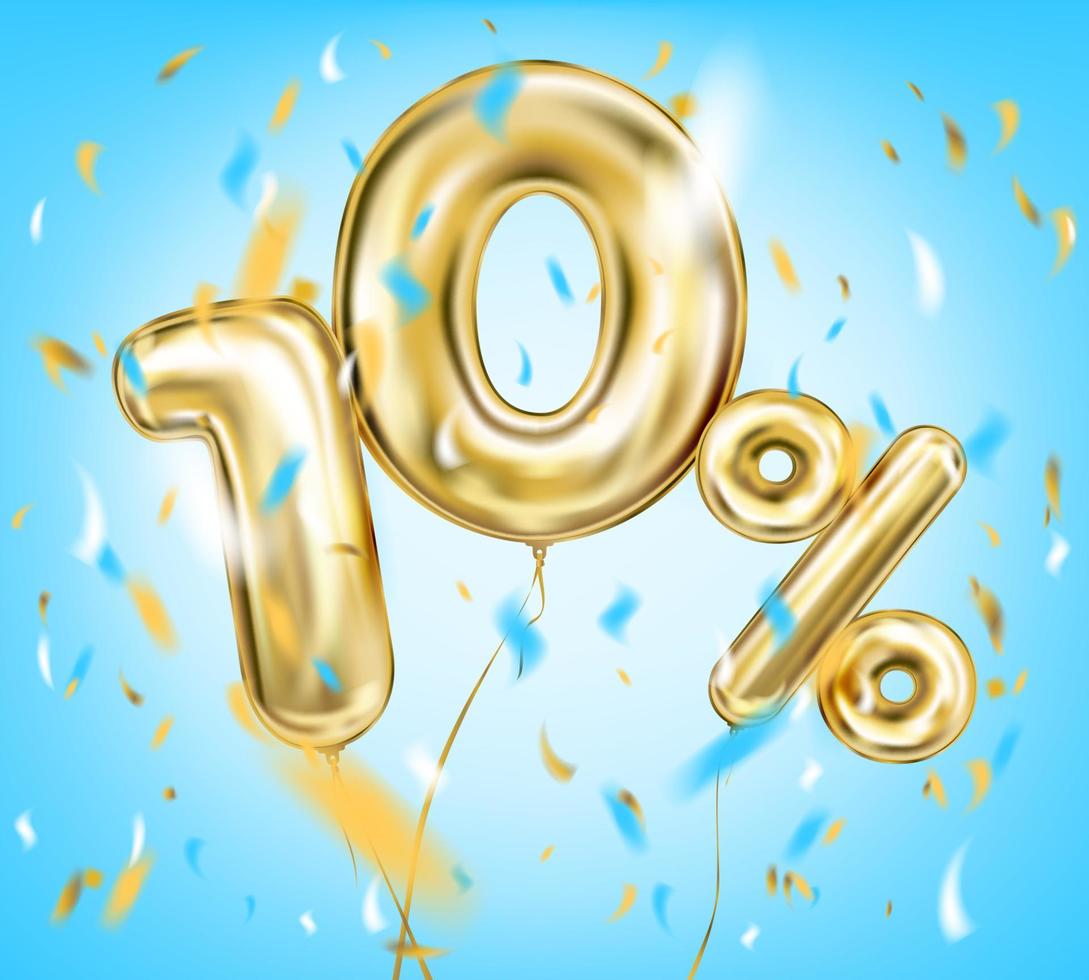 High quality vector image of gold balloon ten percent. Design for seasonal sales, discounts and any events, sky blue background