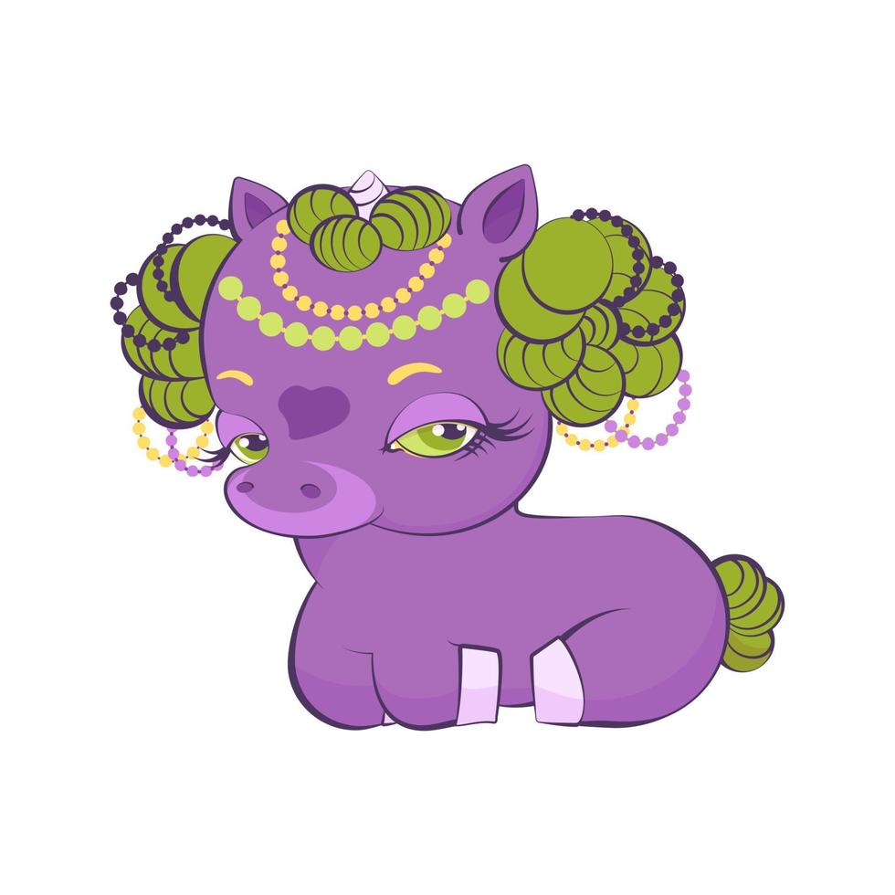 linda y muy hermosa princesa violeta unicornio con cabello dorado vector