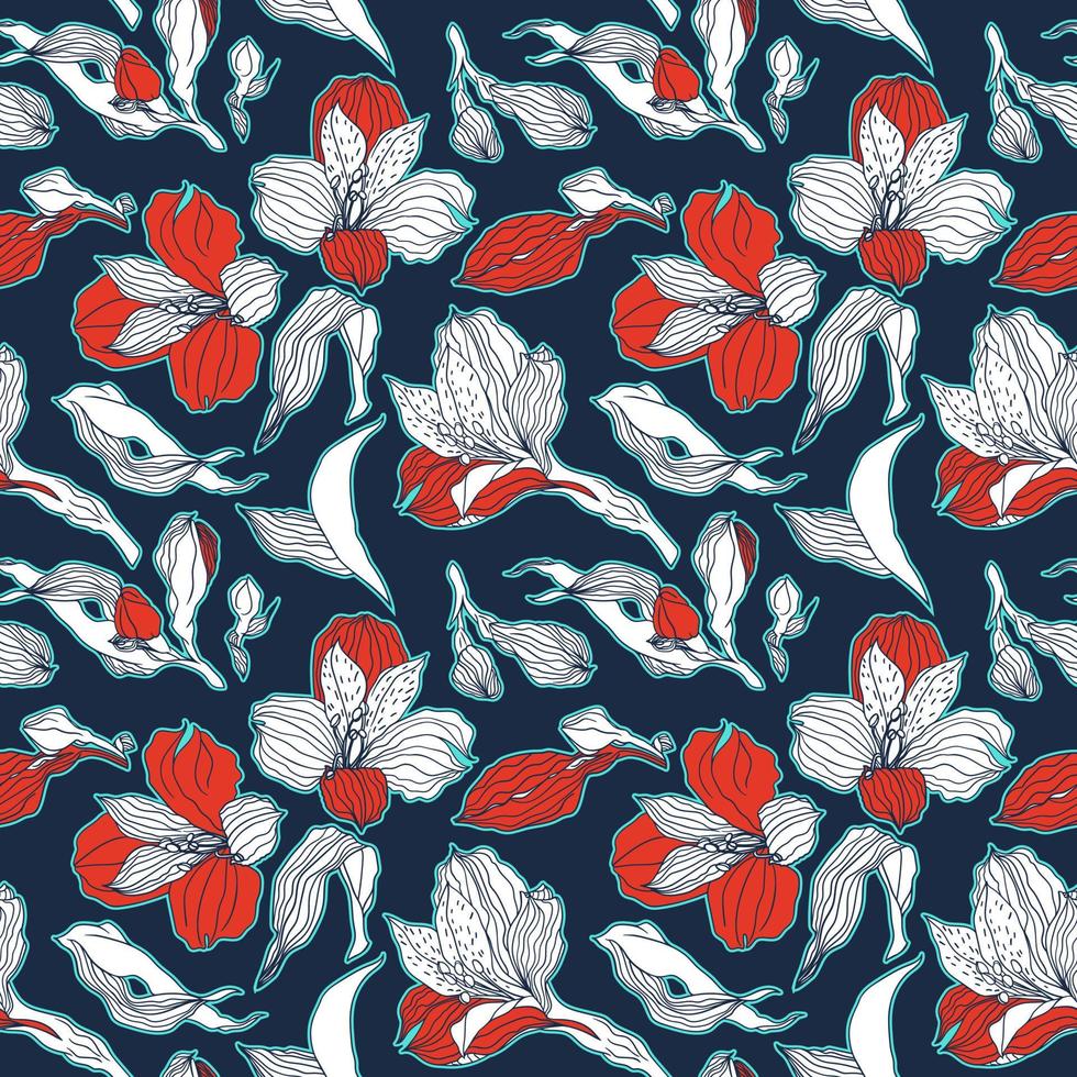 Dark blue and red floral seamless pattern with high detalised alstroemeria buds and flowers for botanical natural print vector