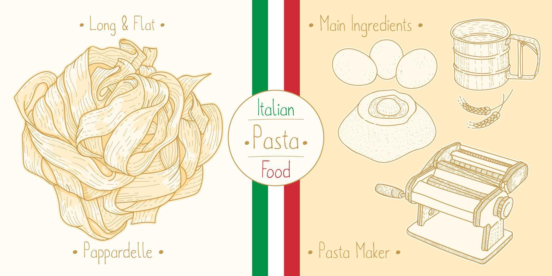 cocinar comida italiana pasta pappardelle e ingredientes principales y equipos para hacer pasta, dibujar ilustraciones en estilo antiguo vector