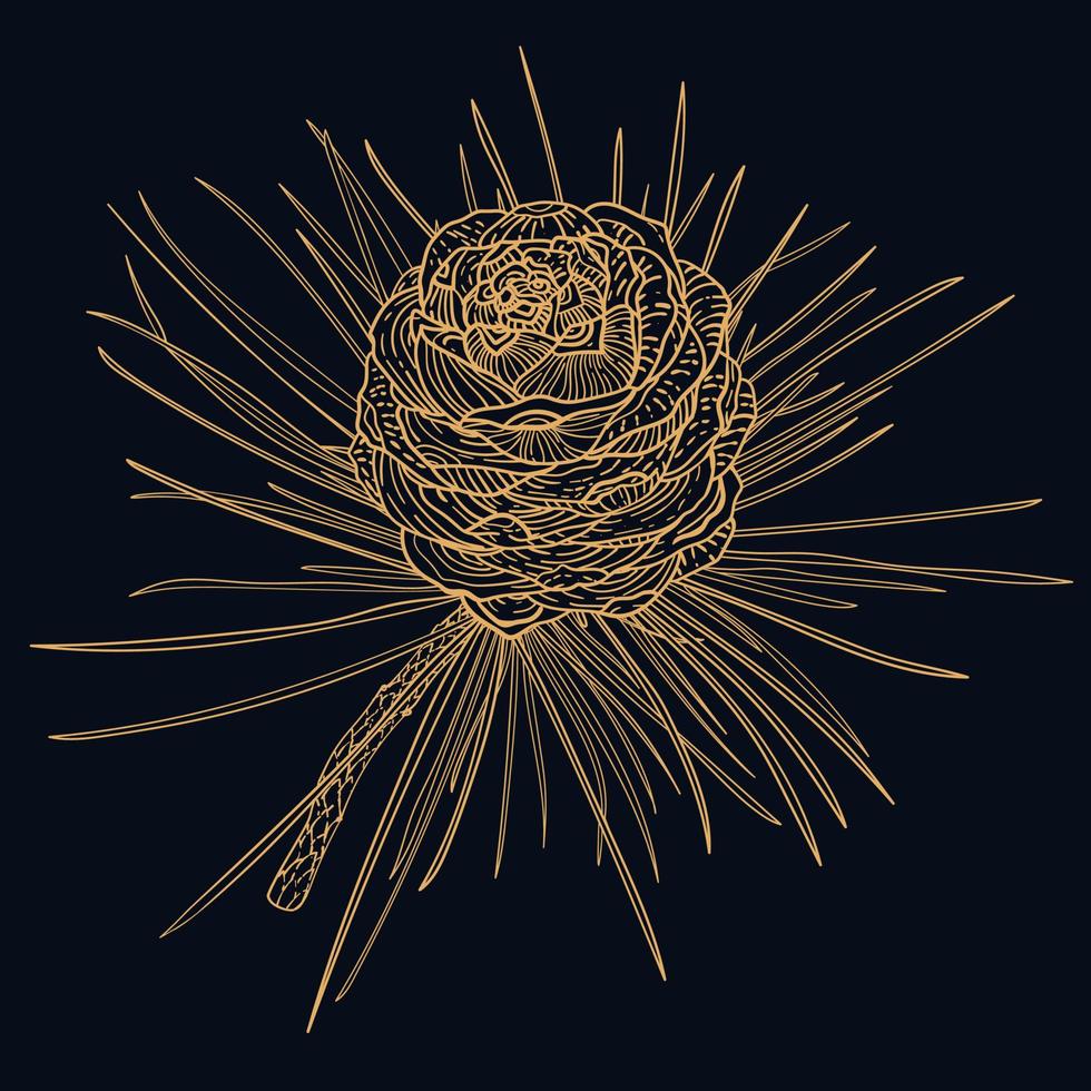rama de abeto dorado vintage con conos, ilustración de arte lineal vector