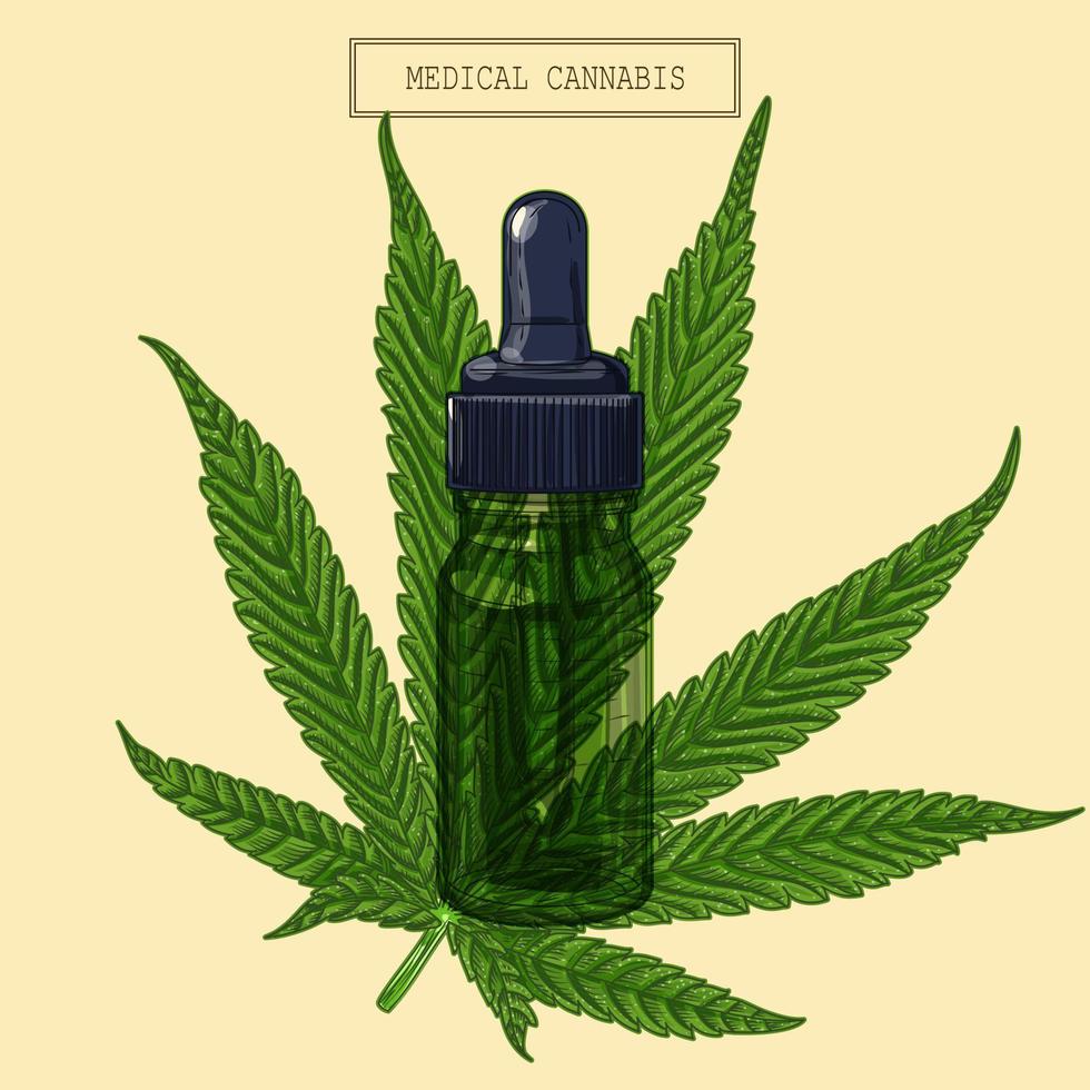 Medical cannabis marijuana nine-pointed leaf and green dropper, hand drawn illustration in a retro style vector