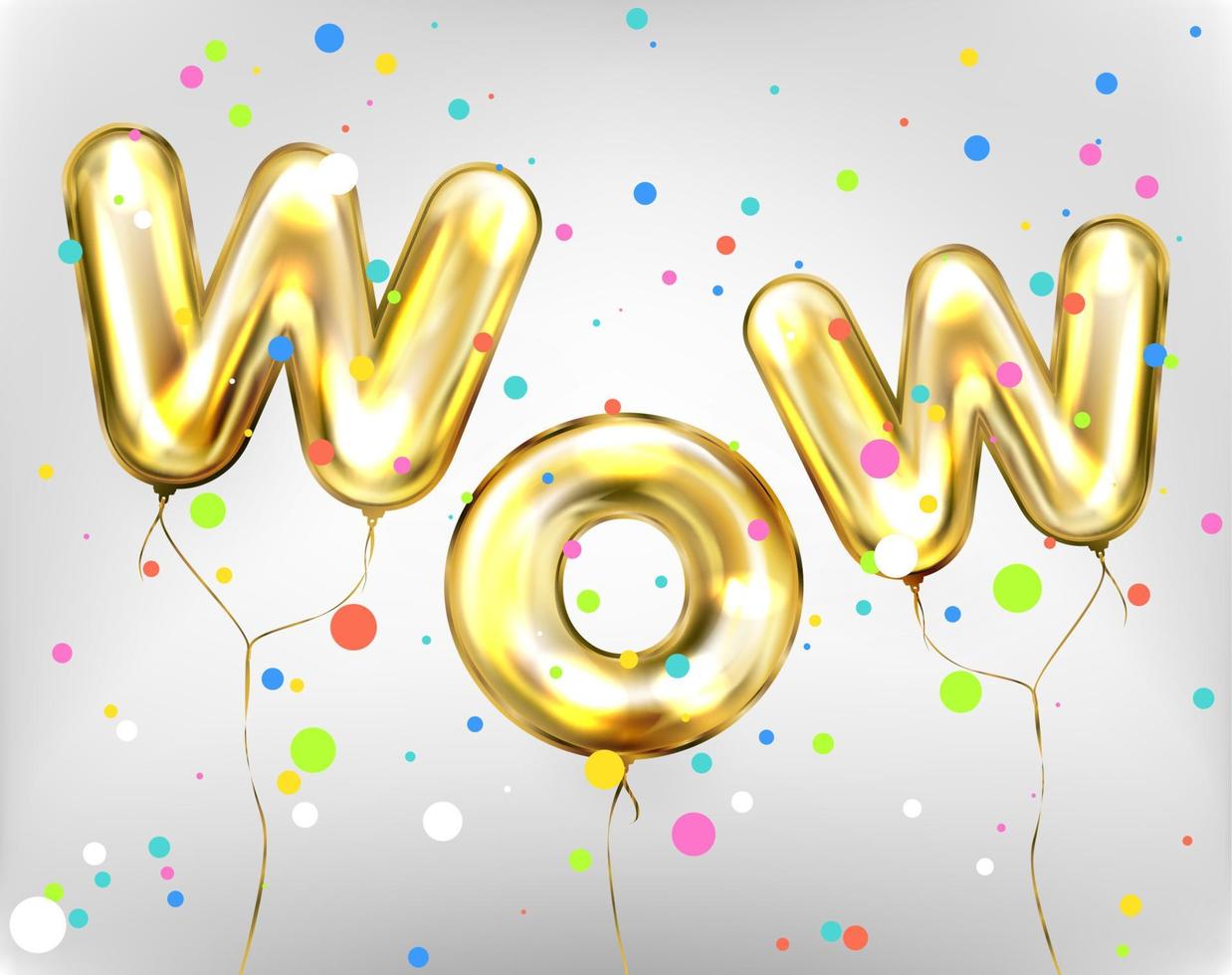 letras wow con globos dorados de aluminio en confeti de colores vector